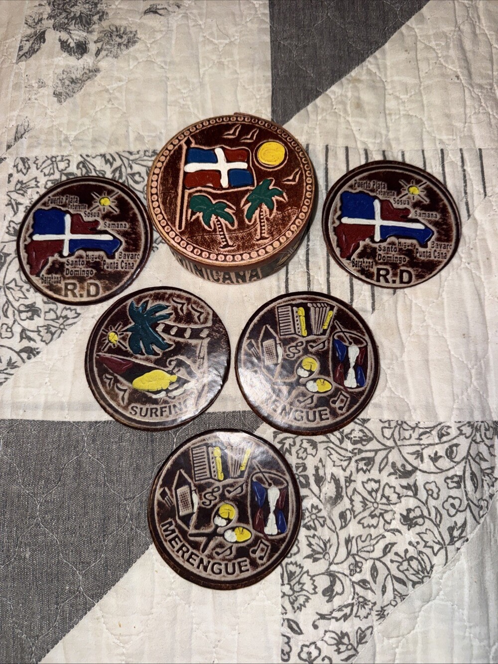 Lot Of 6 Hand Tooled Leather Coasters W/Holder From The Dominican Republic